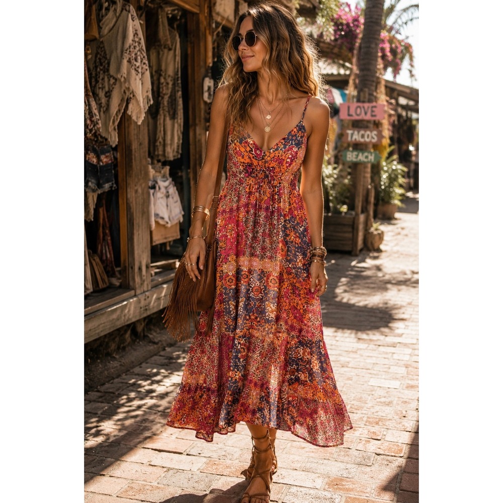 Forever 21 Boho Patchwork Floral Gold Metallic Maxi Dress Small Orange Pink Navy